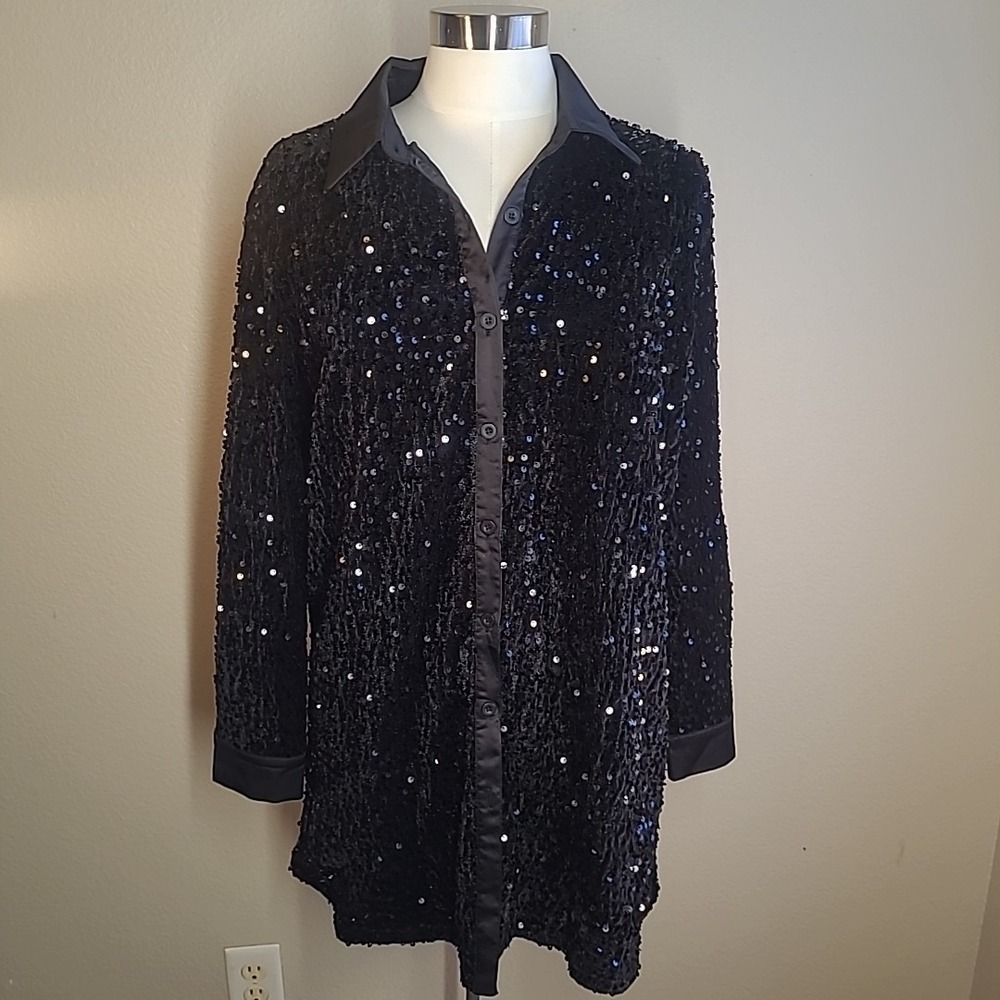 Womens Sequin Glitter Shiny Button Down Shirt Dress L Clubwear Party Tops